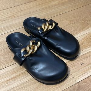 ALOHAS black mules with gold chain, size 38